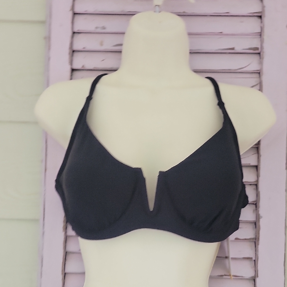💗 NWT ANNE COLE Plunge Underwire UW Bikini TOP ONLY Removable Pads Black M